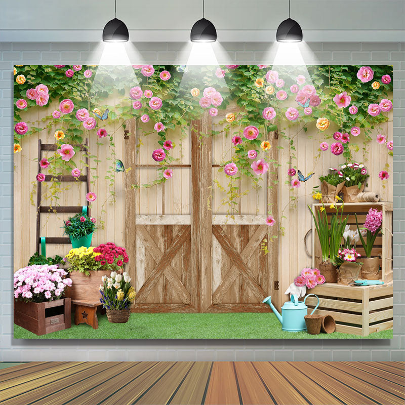 Lofaris Colour Floral And Wood Door Simple Backdrop For Girl
