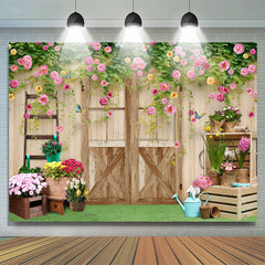 Lofaris Colour Floral And Wood Door Simple Backdrop For Girl
