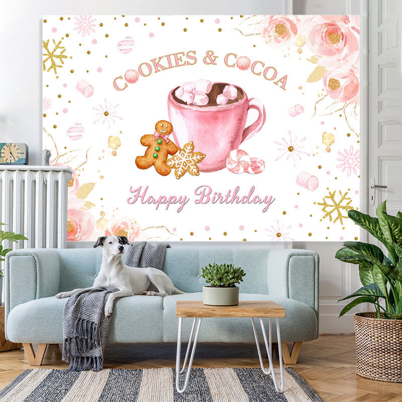 Lofaris Cookie and Cocoa Happy Birthday Pink Floral Backdrop for Party