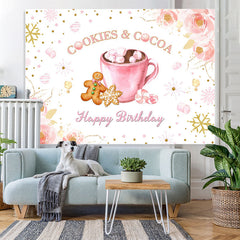 Lofaris Cookie and Cocoa Happy Birthday Pink Floral Backdrop for Party