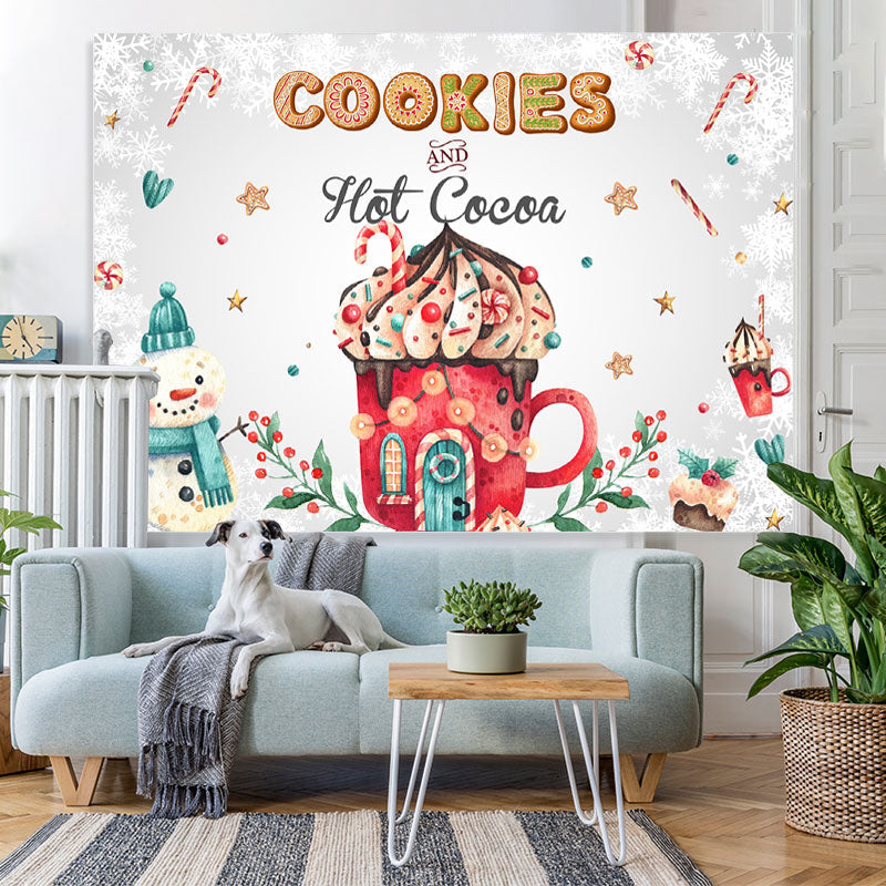 Lofaris Cookies and Hot Cocoa Cute Snowman Winter Backdrop