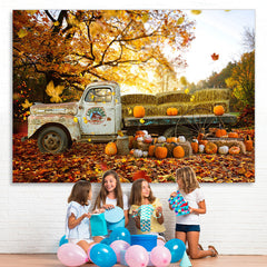 Lofaris Courtyard Full of Maple Leaves Pumpkin Autumn Backdrop