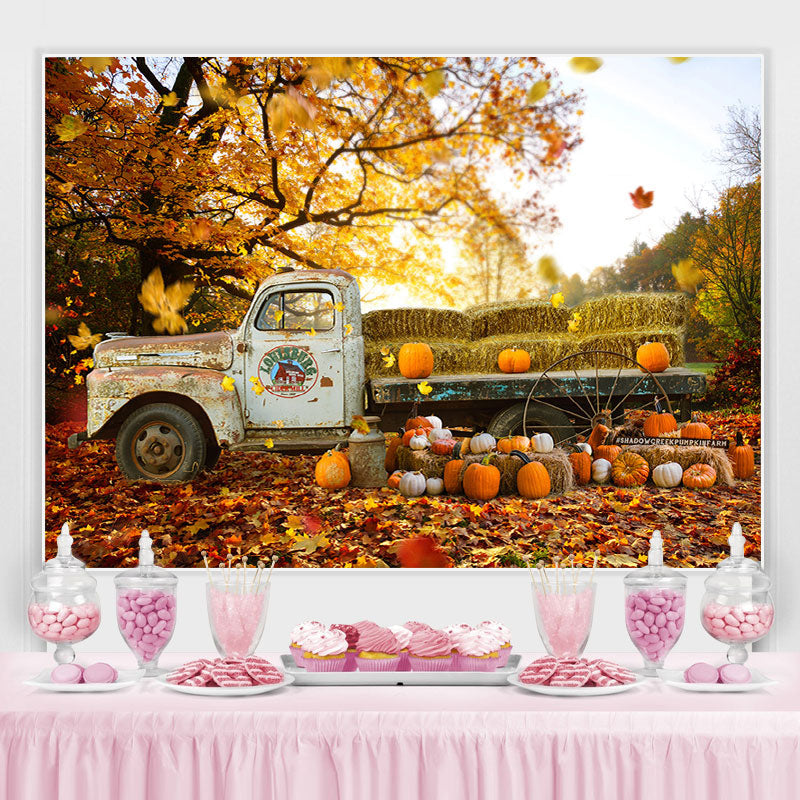 Lofaris Courtyard Full of Maple Leaves Pumpkin Autumn Backdrop