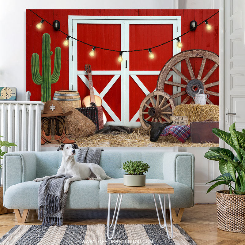 Lofaris Cowboy Fram With Red Door Theme Happy Birthday Backdrop