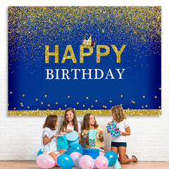 Lofaris Crown Happy Birthday Royal Blue Gold Glitter Backdrop for Men