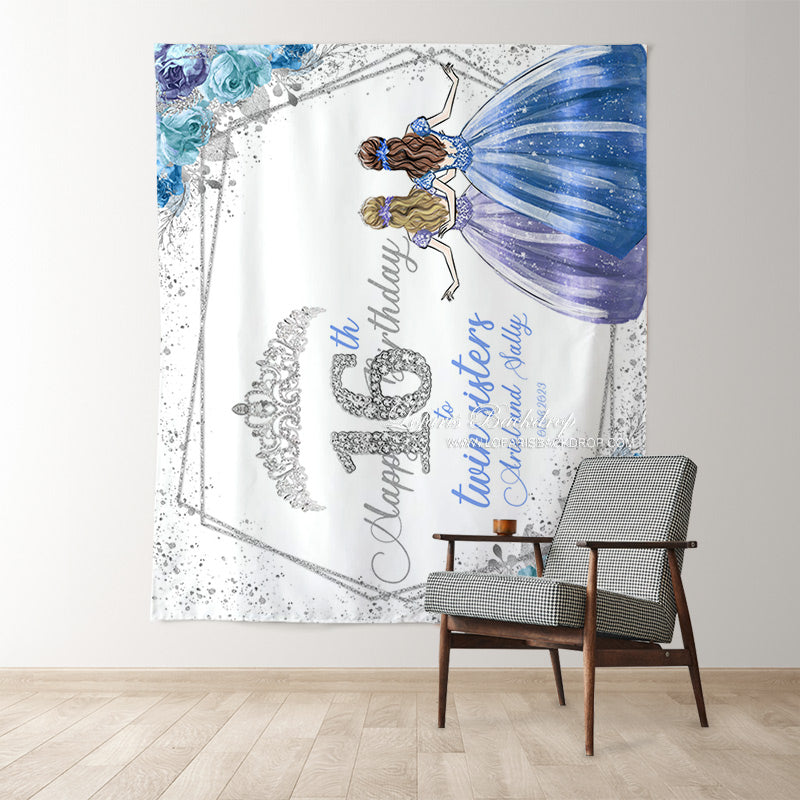 Lofaris Custom Blue Silver Glitter Twins 16th Birthday Backdrop
