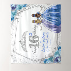 Lofaris Custom Blue Silver Glitter Twins 16th Birthday Backdrop