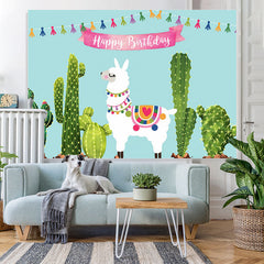 Lofaris Cute Alpaca And Cactus Happy Birthday Party Backdrop