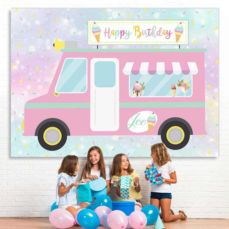 Lofaris Cute And Pink Ice Cream Truck Happy Birthday Backdrop