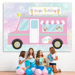 Lofaris Cute And Pink Ice Cream Truck Happy Birthday Backdrop