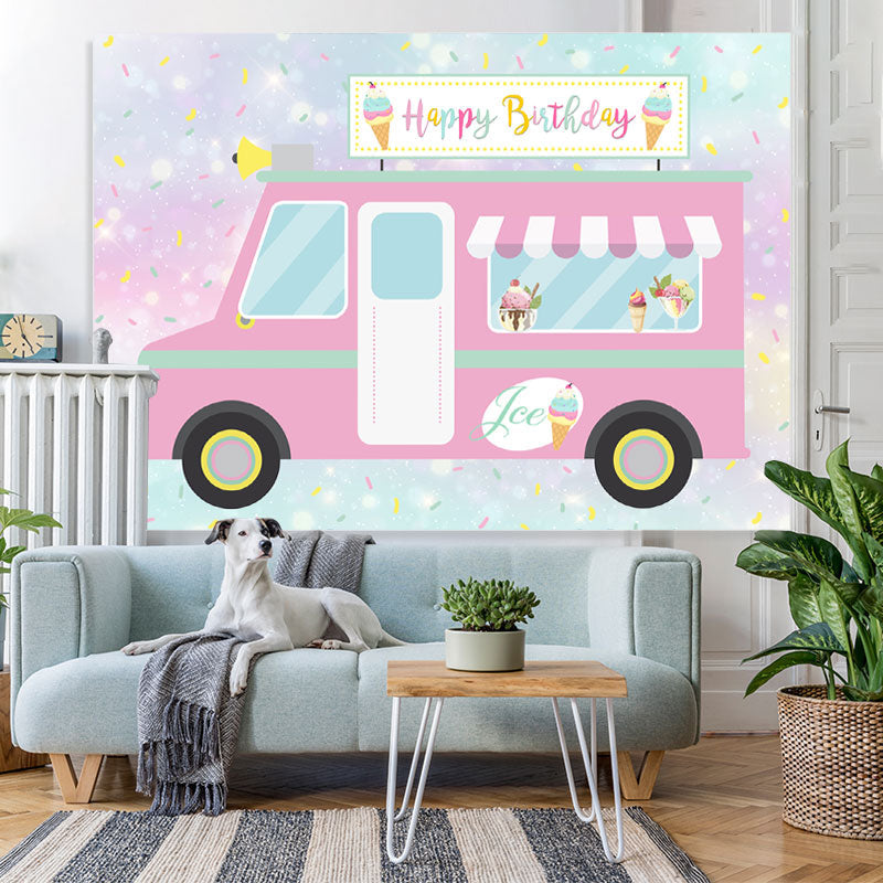 Lofaris Cute And Pink Ice Cream Truck Happy Birthday Backdrop