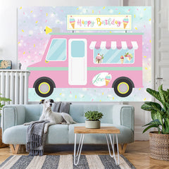 Lofaris Cute And Pink Ice Cream Truck Happy Birthday Backdrop