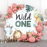 Lofaris Cute Animals And Leaves Round Blue 1st Birthday Backdrop