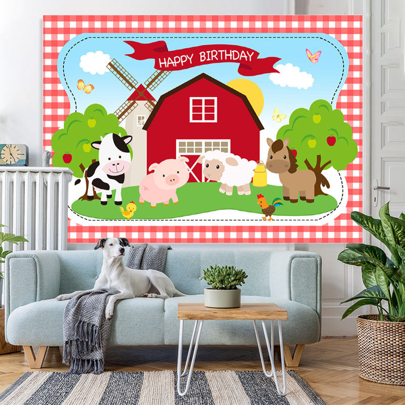Lofaris Cute Animals And Red House Happy Birthday Backdrop