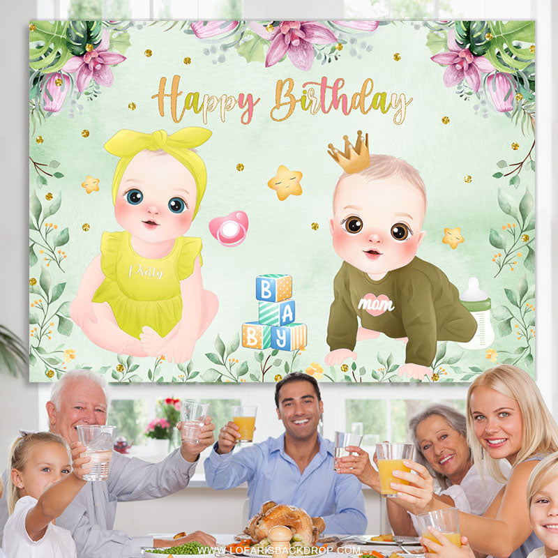 Lofaris Cute Twins Leaves And Flower Green Birthday Backdrop