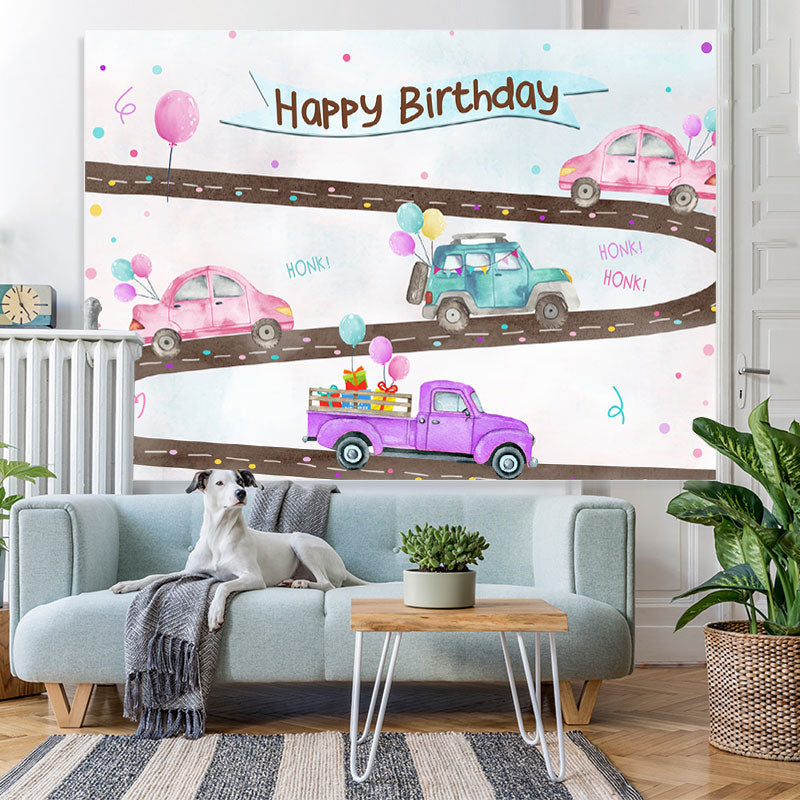 Lofaris Cute Car And Balloons Happy Birthday Backdrop For Party