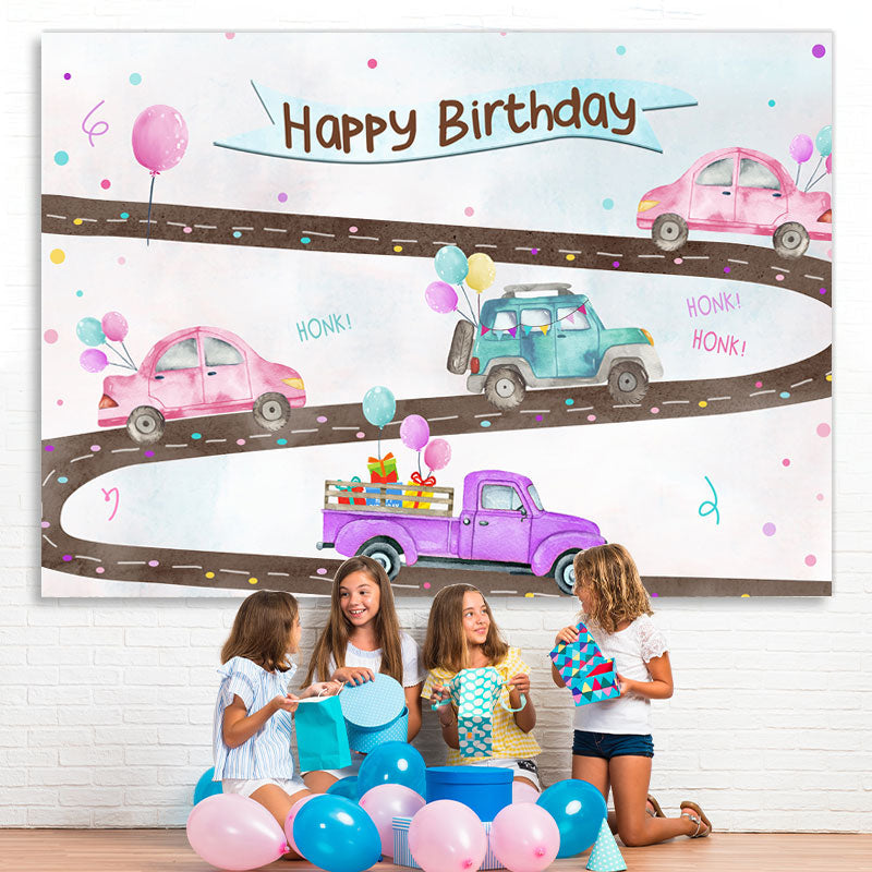 Lofaris Cute Car And Balloons Happy Birthday Backdrop For Party