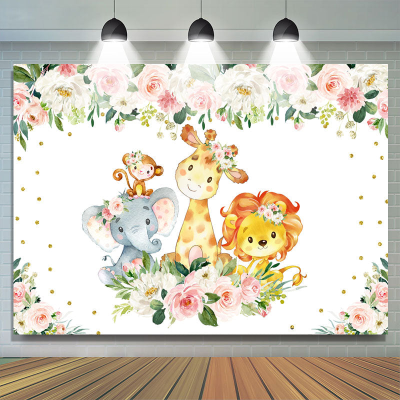 Lofaris Cute Cartoon Animals Pink and White Roses Backdrop