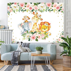 Lofaris Cute Cartoon Animals Pink and White Roses Backdrop