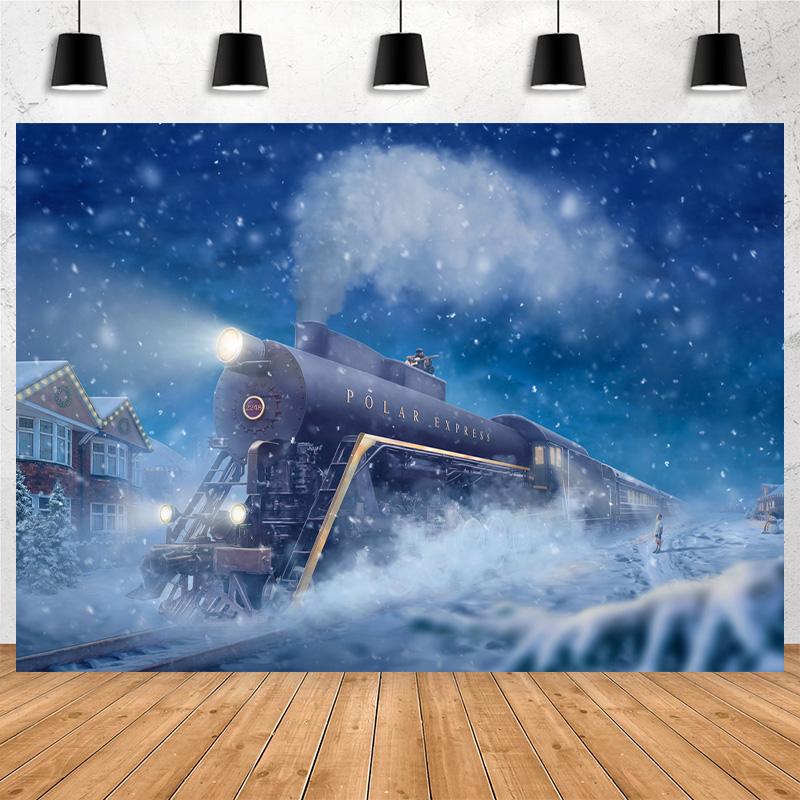 Lofaris Cute Moving Train Snow Night Winter Backdrop for Party