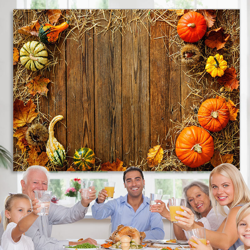 Lofaris Cute Pumpkins and Straw Wooden Floor Autumn Backdrop