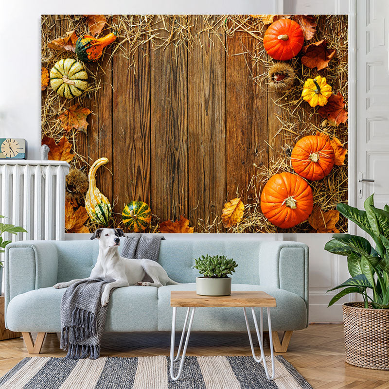 Lofaris Cute Pumpkins and Straw Wooden Floor Autumn Backdrop
