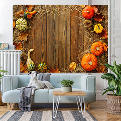 Lofaris Cute Pumpkins and Straw Wooden Floor Autumn Backdrop