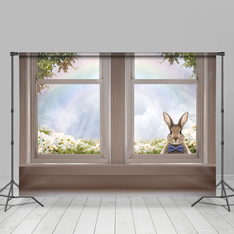 Lofaris Cute Rabbite In White Window Rainbow Easter Backdrop