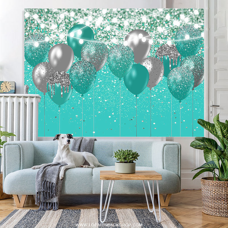 Lofaris Cyan And Silver Glitter Balloons Birthday Backdrop
