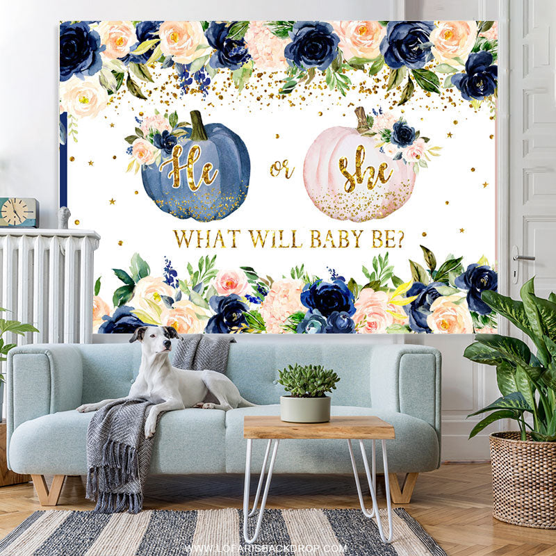 Lofaris Dark Blue And Light Pink Pumpkin Baby Shower Backdrop