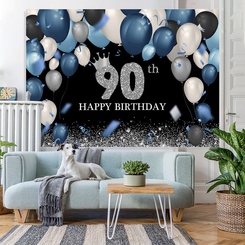 Lofaris Dark Blue And White Silver Happy 90Th Birthday Backdrop
