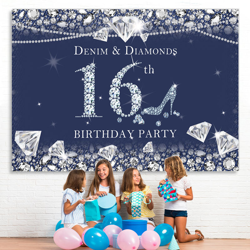 Lofaris Dark Blue Denim and Diamonds 16Th Birthday Backdrop