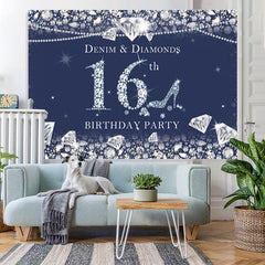 Lofaris Dark Blue Denim and Diamonds 16Th Birthday Backdrop