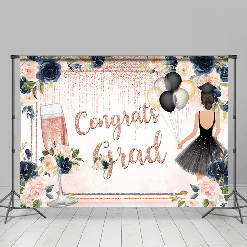 Lofaris Dark Blue Floral Pink Glitter Congrats Grad Backdrop