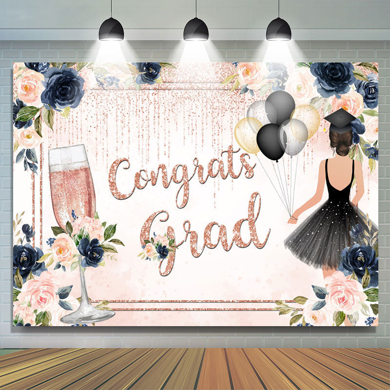 Lofaris Dark Blue Floral Pink Glitter Congrats Grad Backdrop