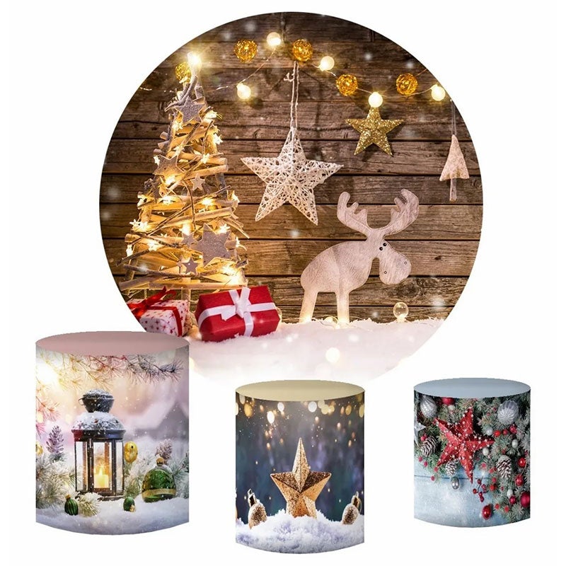 Lofaris Dark Grey Wood Light Star Trees Round Christmas Backdrop Kit