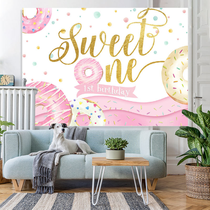 Lofaris Donut Themed Pink Golden Sweet one Birthday Backdrop