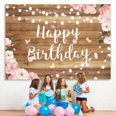 Lofaris Elegant Wooden Pink Floral Happy Birthday Backdrop