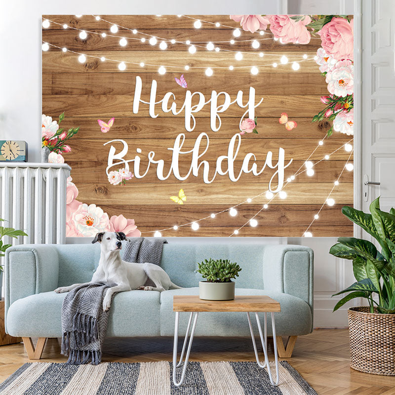Lofaris Elegant Wooden Pink Floral Happy Birthday Backdrop
