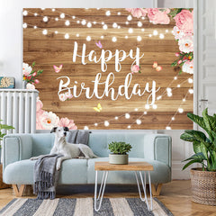 Lofaris Elegant Wooden Pink Floral Happy Birthday Backdrop