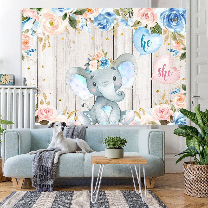 Lofaris Elephant And Floral Wooden Baby Shower Backdrop For Boy