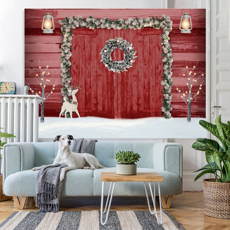 Lofaris Elk With Red Wood Door Christmas Party Theme Backdrop