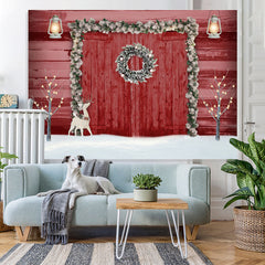 Lofaris Elk With Red Wood Door Christmas Party Theme Backdrop
