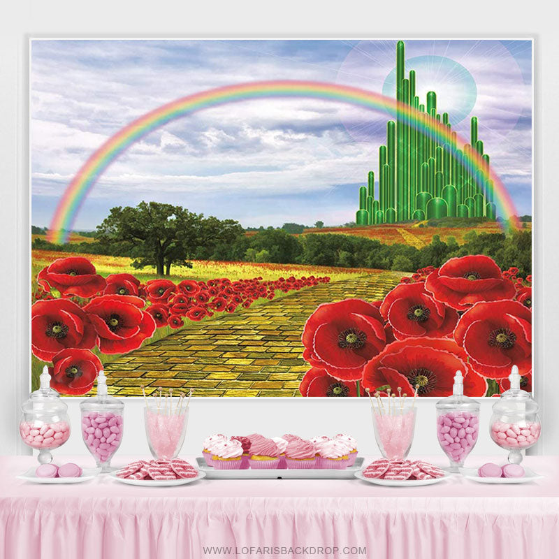 Lofaris Emerald Castle Rainbow Birthday Party Backdrop Banner