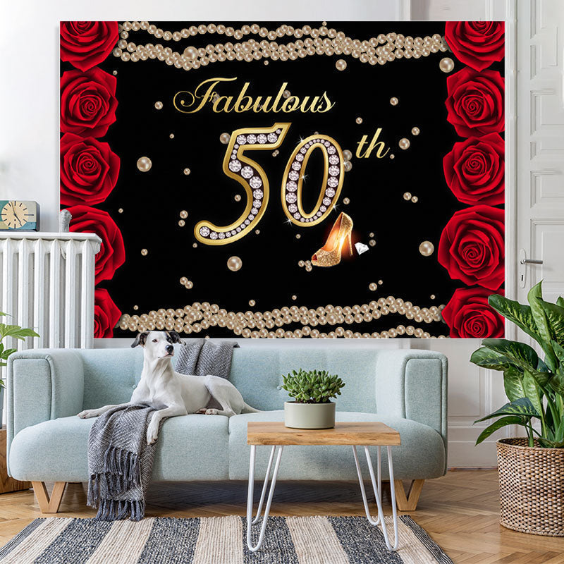 Lofaris Fabulous 50th Rose Pearls Birthday Backdrop for women