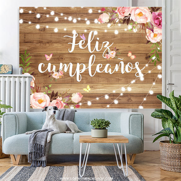Lofaris Feliz Cumpleanos Floral Wooden Happy Birthday Backdrop