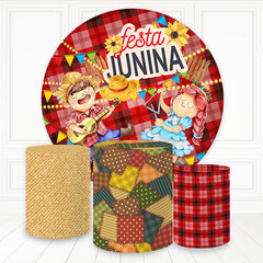 Lofaris Fiesta Singers Theme Red Plaid Round Birthday Backdrop Kit