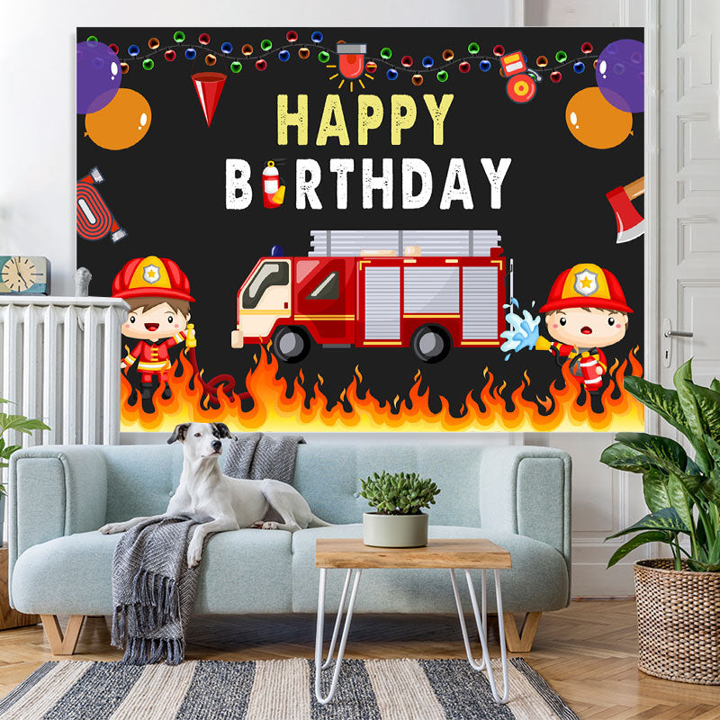 Lofaris Fire Truck Balloon Happy Birthday Backdrop For Boy