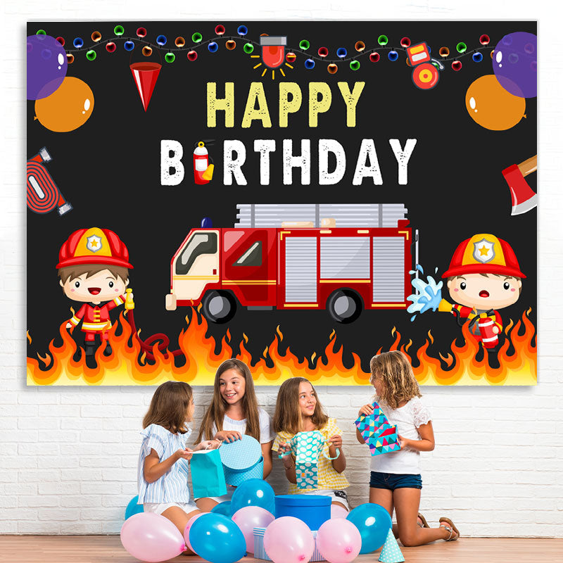 Lofaris Fire Truck Balloon Happy Birthday Backdrop For Boy