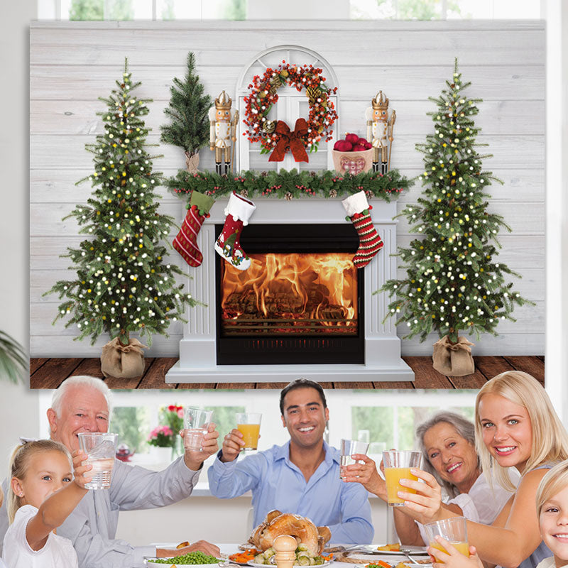Lofaris Fireplace Snow Socks Christmas Tree Lights White Wall Backdrop